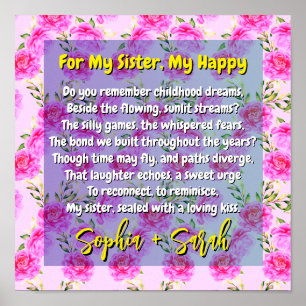Affiche Cadeau poème pour ma sœur & Fleurs roses   Souveni