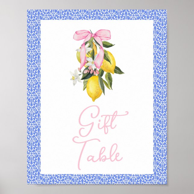 Affiche Cadeaux de Baby Shower Rose Pastel Ruban à Citron  (Devant)