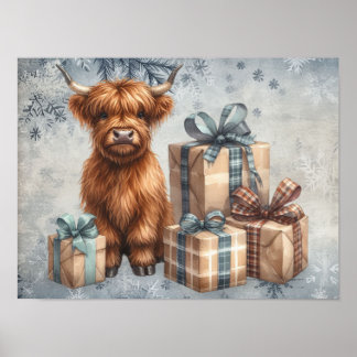 Affiche Cadeaux de vache Highland bleue d'hiver