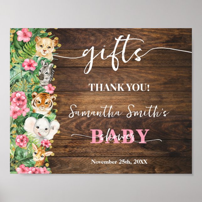 Affiche Cadeaux Fête de Bébé Fleurs Roses Safari Rustique  (Devant)