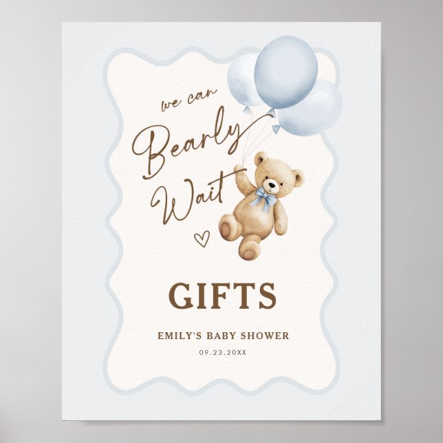 Affiche Cadeaux pour Baby Shower Garçon Ourson (Devant)