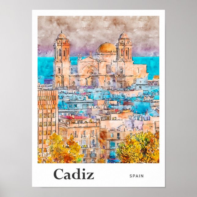 Affiche Cadiz Espagne Voyage Aquarelle main tirée (Devant)