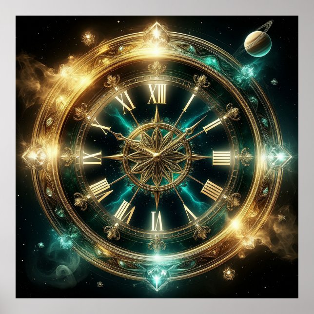Affiche Cadran astronomique avec embellissements dorés (Devant)
