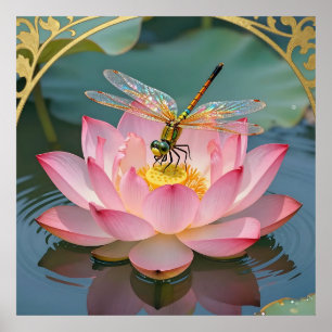 Affiche Cadre Art Nouveau Libellule Élégante Lotus Rose