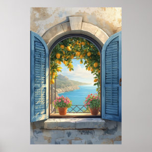 Affiche Cadre de fenêtre méditerranéen vue sur la côte Bal