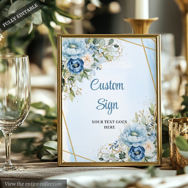 Affiche Cadre de mariage classique poussiéreux bleu verdur (Classic Dusty Blue Greenery Gold Frame Wedding Sign)