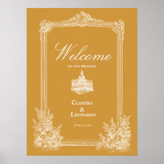 Affiche Cadre de mariage orné vintage jaune moutarde Bienv