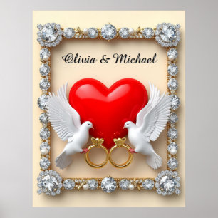 Affiche Cadre de mariage romantique aux colombes et au cœu