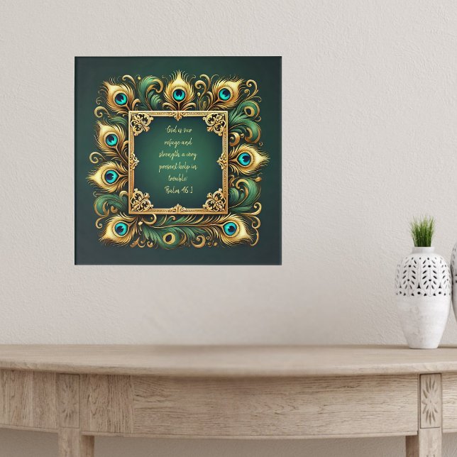 Affiche Cadre de paon vert et or avec versets bibliques  (Créateur téléchargé)