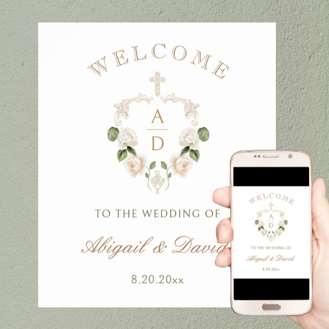 Affiche Cadre de roses blanches pour mariage religieux de  (Créateur téléchargé)