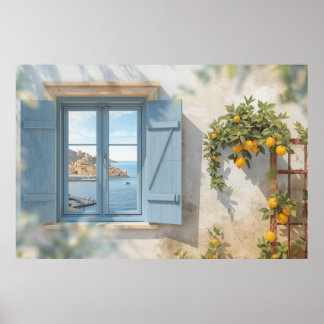 Affiche cadre de vue de fenêtre méditerranéenne Balcon Cit