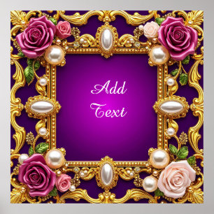 Affiche Cadre doré avec roses et perles élégantes