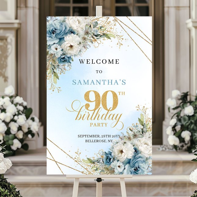 Affiche Cadre doré eucalyptus bleu poussiéreux moderne 90  (Modern dusty blue eucalyptus gold frame 90th birthday

)