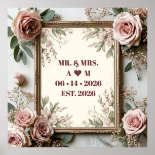 Affiche Cadre doré floral romantique avec accents rose ten