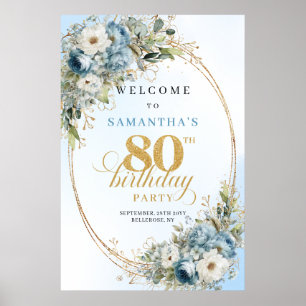 Affiche Cadre élégant poussiéreux bleu floral doré 80ème a