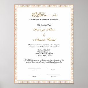 Affiche Cadre en or élégant certificat musulman nikkah Pos
