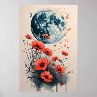 Affiche Cadre floral Boho avec Lune Bleue : Aquarelle
