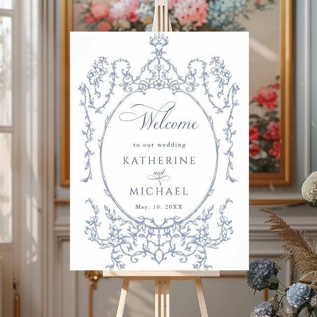 Affiche Cadre Floral classique Dusty Blue Mariage Bienvenu (Créateur téléchargé)