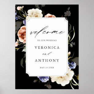 Affiche Cadre Floral Jardin Elégant Mariage Bienvenue Noir