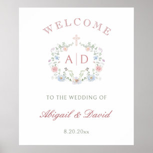 Affiche Cadre Floral Mariage religieux Monogrammes Bienven