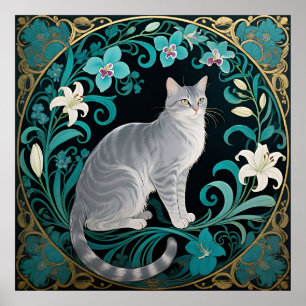 Affiche Cadre floral orné chat gris