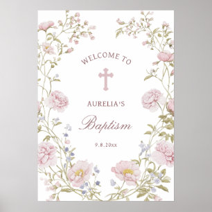 Affiche Cadre floral rose Bienvenue au baptême