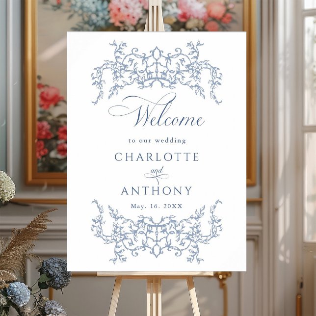 Affiche Cadre Floral vintage Dusty Blue Mariage Bienvenue (Créateur téléchargé)