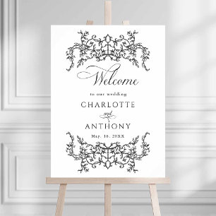 Affiche Cadre floral vintage noir et blanc de bienvenue de