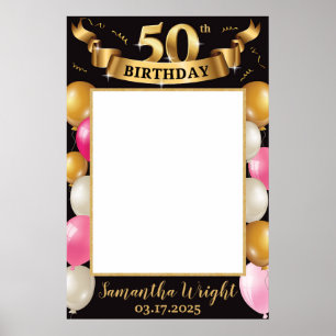 Affiche Cadre photo d'anniversaire chic en or, rose et noi