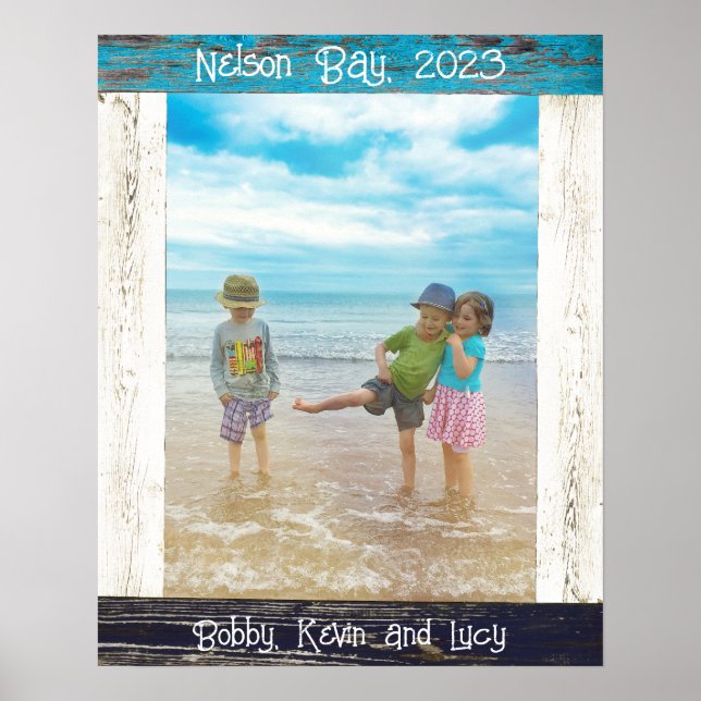 Affiche Cadre photo en bois blanc bleu rustique de plage (Devant)