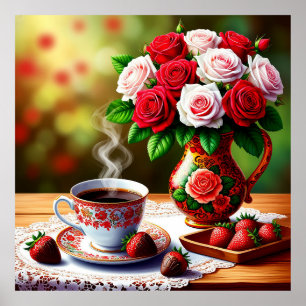 Affiche Cadre romantique avec roses et café