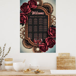 Affiche Cadre Steampunk avec Roses rouges et Engrenages