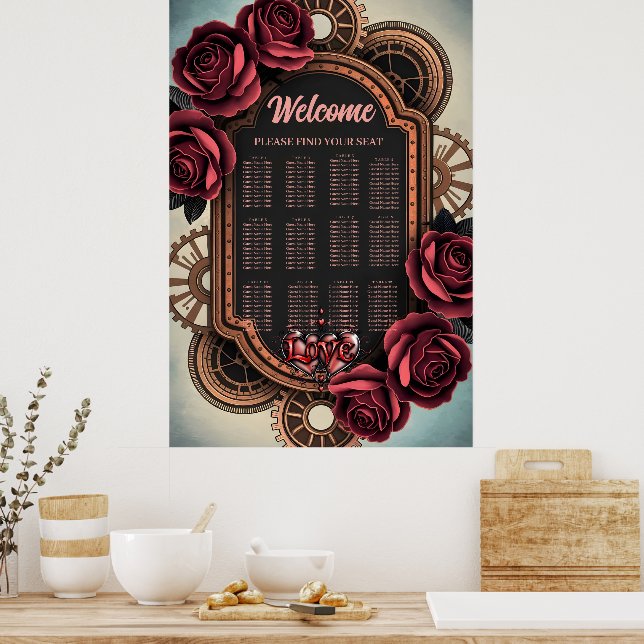 Affiche Cadre Steampunk avec Roses rouges et Engrenages (Cuisine)