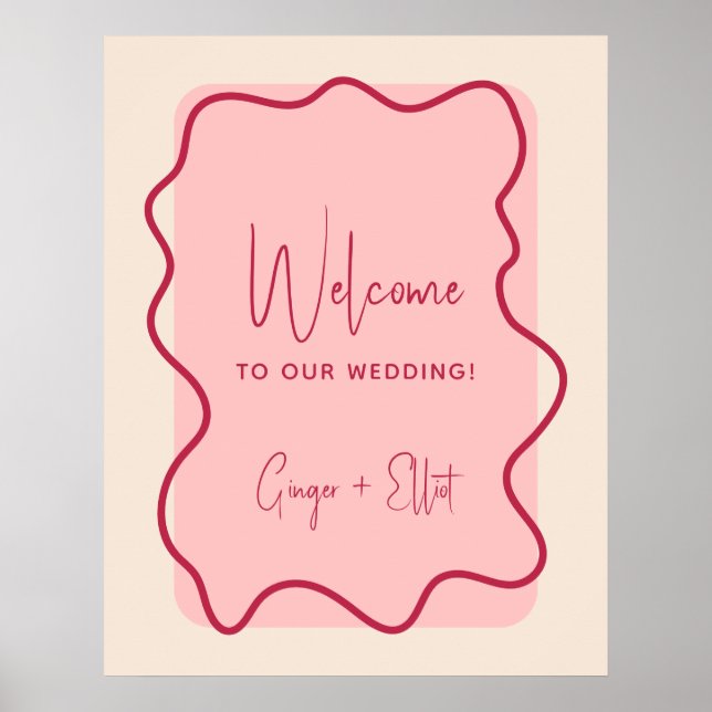 Affiche Cadre Wavy moderne Magenta Mariage rose Bienvenue (Devant)