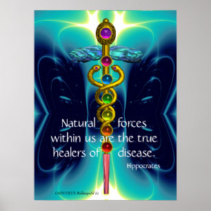 AFFICHE CADUCÉE D'OR ET 7 CHAKRAS EN ONDES BLEU SAPHIR