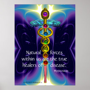 AFFICHE CADUCÉE D'OR ET 7 CHAKRAS EN ONDES BLEUES VIOLETTE