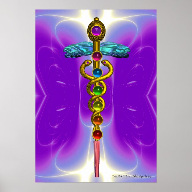 Affiche CADUCUS D'OR 7 CHAKRAS, Yoga, Violet Médicale (Devant)