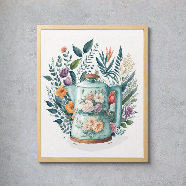 Affiche Café Aquarelle Moderne Botanique Floral Cuisine (Modern Watercolor Coffee Botanical Floral Kitchen Poster
)