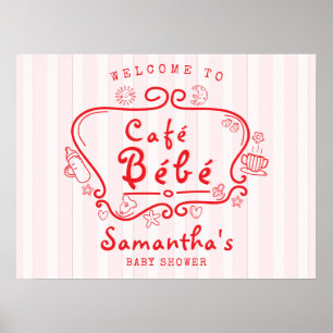 Affiche Café Bébé Baby shower français moderne rose rouge