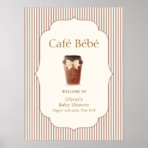 Affiche Café Bébé rayure marron Bienvenue à la baby shower