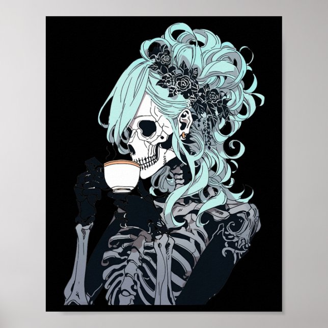 Affiche Café Boire Squelette Messy Bun Halloween Costu (Devant)