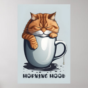 Affiche Café Chat Matin, Art numérique Chat Drôle
