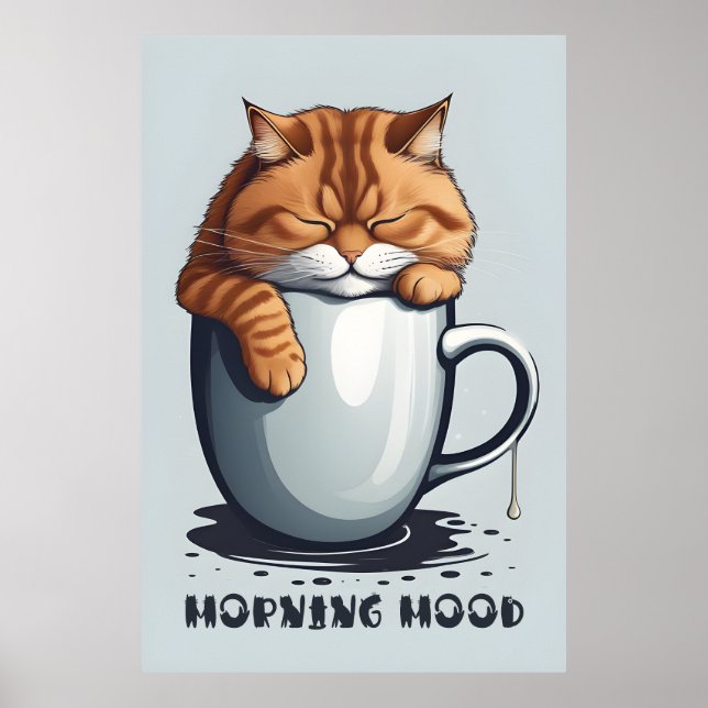 Affiche Café Chat Matin, Art numérique Chat Drôle (Devant)