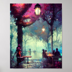 Affiche Café couvert d'arbres art aquarelle