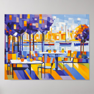 Affiche Café Cubiste en plein air avec tables