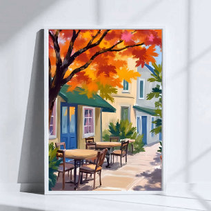 Affiche Café d'automne Aquarelle Art du feuillage d'automn