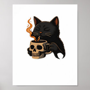 Affiche Café En Chat Foncé Avec Mug Crâne Surdimensionné T