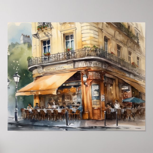 Affiche Café Français Aquarelle Paysage Art Imprimer Poste (Devant)