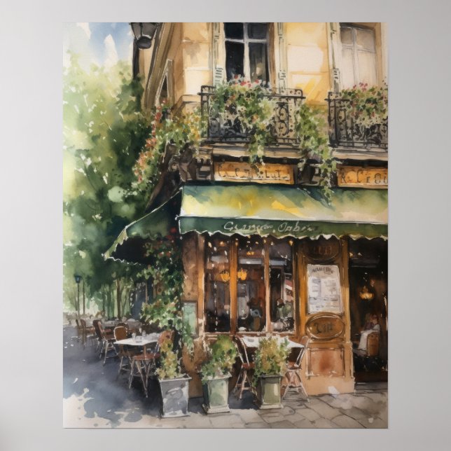 Affiche Café Français Aquarelle Paysage Art Imprimer Poste (Devant)