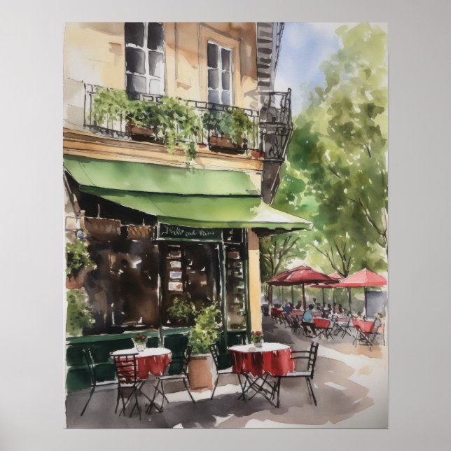 Affiche Café Français Aquarelle Paysage Art Imprimer Poste (Devant)